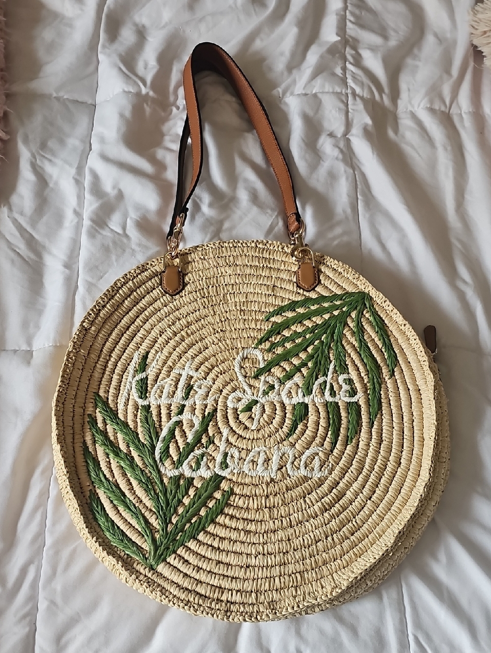 kate spade Natural Straw Round Tote with Green Leaf Embroidery
